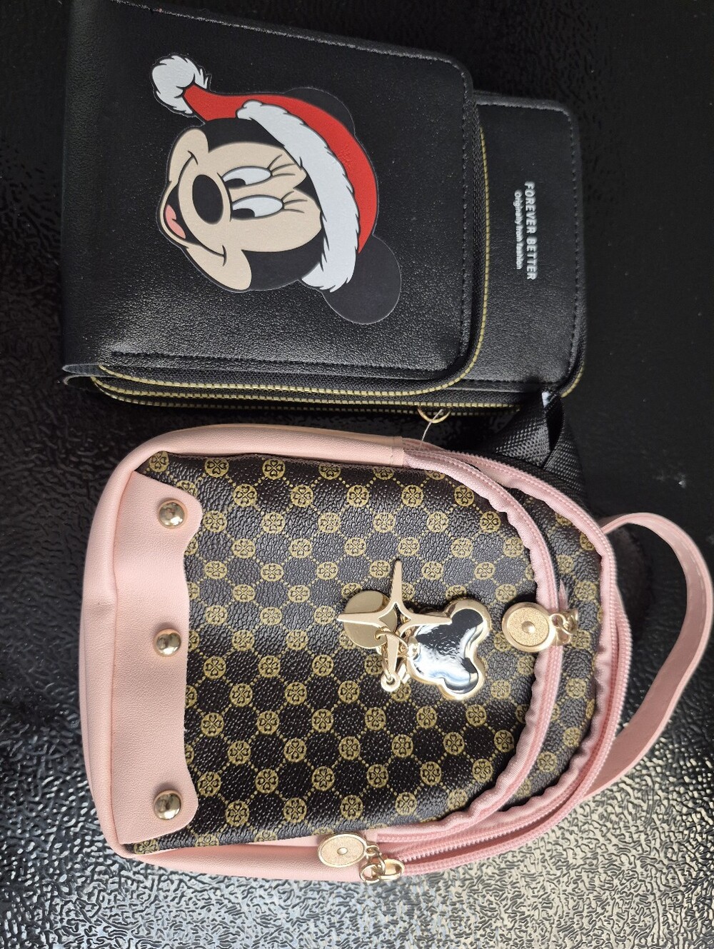 Pink Mini Backpack Crossbody Bag with Gold Charm And Crossbody Bag